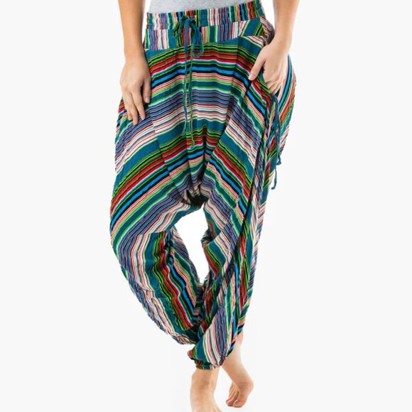 Buddha Pants Unisex Drawstring Boho Hippie Stripe Savannah Harem Pants Green - Picture 8 of 15